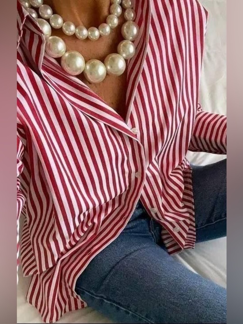 Striped Red and White Button-Up Women's Top - Picture 3 of 9